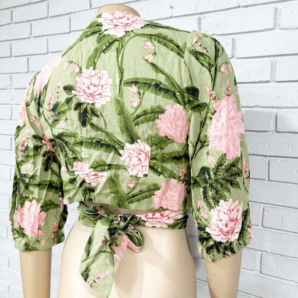Agua Bendita Women's Large Peony Print Tie Wrap Top Dark Olive/Blush - Picture 7 of 10